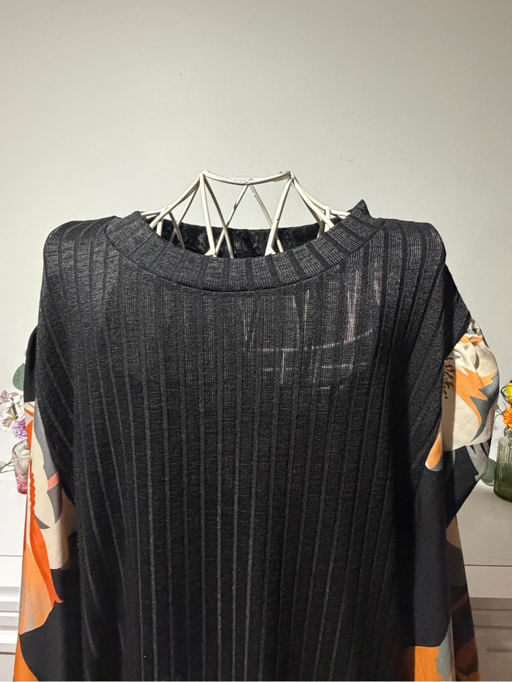 Women’s Black Ribbed Tunic with Floral Sleeve Panels